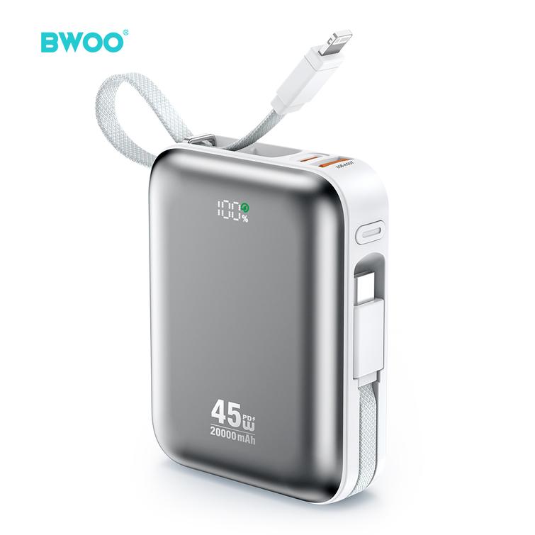 BWOO 20000mAh Pikalataus Varavirtalähde PD45W 2 Kaapelilla Type-C ja Lightning P78 hopea