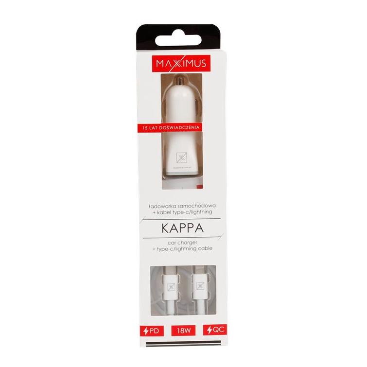 CAR CHARGER MX KAPPA 18W PD+QC, USB-A+C + TYPE-C/LIGHTNING CABLE 20W PD WHITE