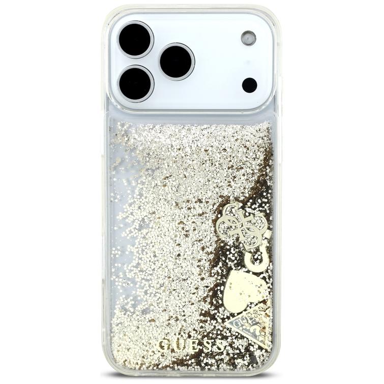 Guess Liq. Glitter 4 Charms -suojakuori iPhone 17 Pro Maxille, kulta