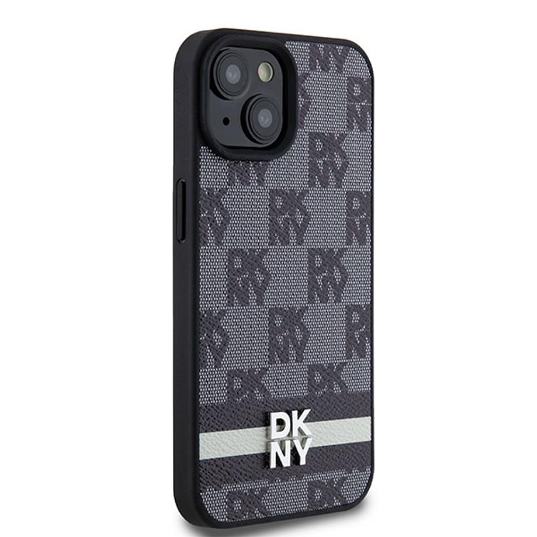 DKNY iPhone 15 Plus 6,7" -puhelimen suojakuori DKHCP15MPCPTSSK, musta, HC PU -ruutukuvio ja painetut raidat.