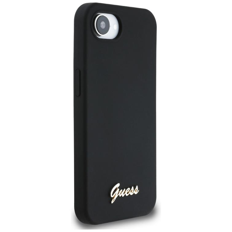 Guess HC Silicone Script Metal Logo -suojakuori iPhone 16e:lle, musta