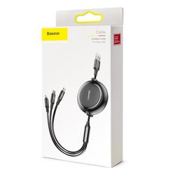 Baseus-kaapeli 3in1 Golden Loop -sis&auml;&auml;nvedett&auml;v&auml; USB - micro USB + Lightning + USB-C 1,2m 3,5A musta