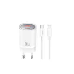 XO-seinälaturi CE21 PD 30W 1x USB-C 1x USB valkoinen + USB-C-kaapeli - USB-C
