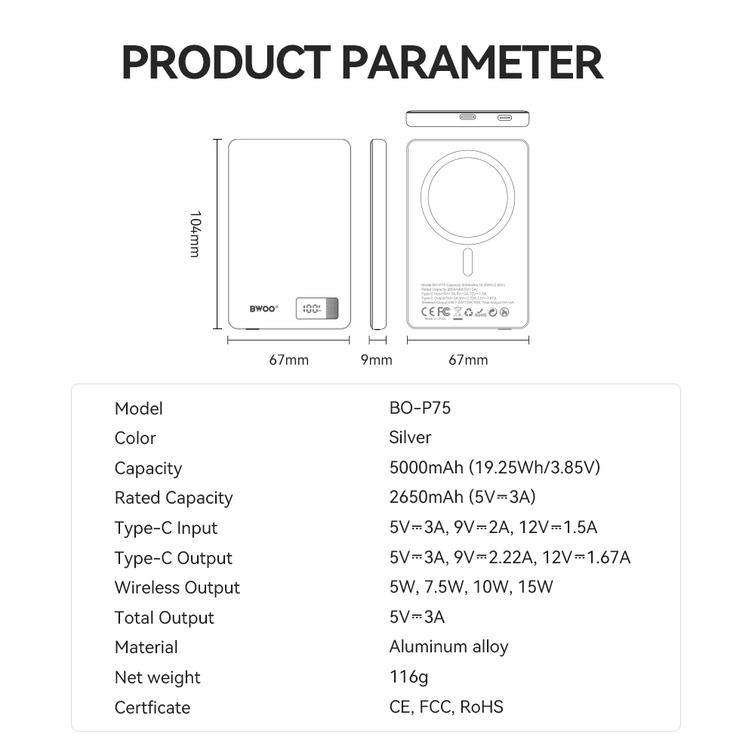 BWOO alumiininen magneettinen varavirtal&auml;hde P75 PD 20W 5000 mAh digitaalisella n&auml;yt&ouml;ll&auml; ja USB-C-portilla, hopeanv&auml;rinen