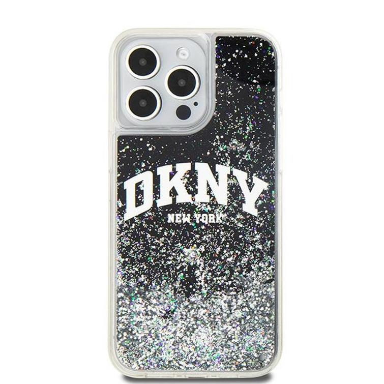 DKNY-suojakuori iPhone 15 Pro Max 6,7":lle DKHCP15XLBNAEK mustat nestekimalteet ja kaarilogo.