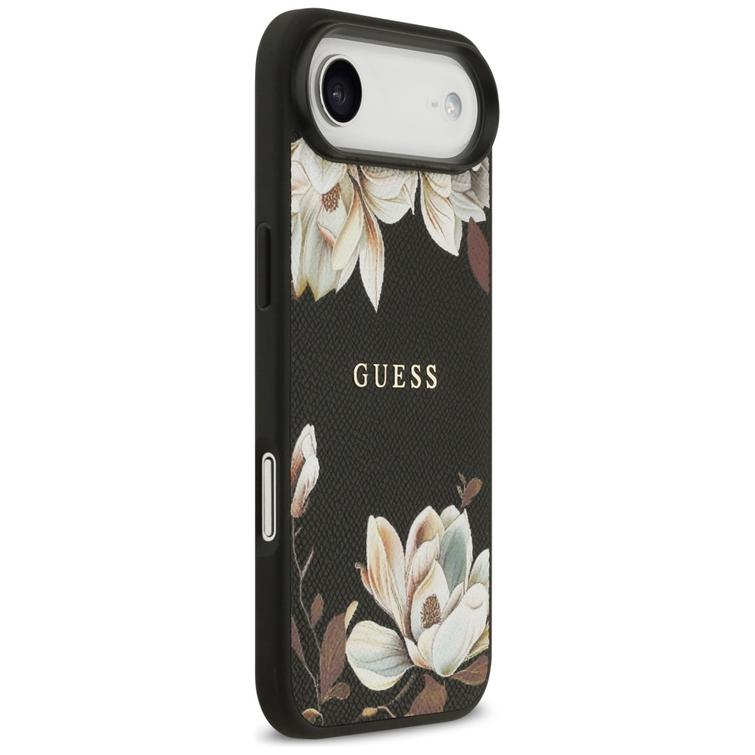 Guess Grained Flowers Classic Logo MagSafe -suojakuori iPhone Airille, musta