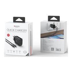 YESIDO WALL CHARGER YC54 PD 20W QC 2xUSB-C + TYPE-C/LIGHTNING CABLE 27W 1M BLACK