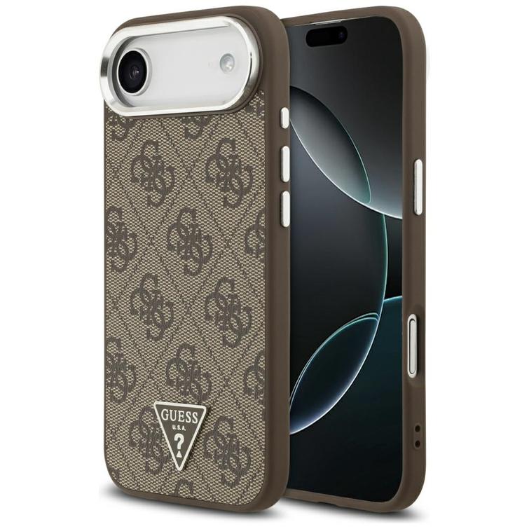 Guess Case Magsafe 4G PU-nahkakotelo kolmiologolla ja hopeisella metallisella kamerakehyksell&auml; iPhone 17 Air Brownille