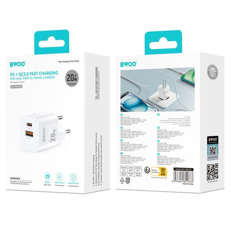 BWOO CDA156 PD -sein&auml;laturi 1x USB-C 1v USB 20W valkoinen