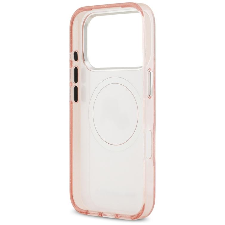Karl Lagerfeld -kotelo, Magsafe IML -kimallekotelo, metallinen kamerakehys ja napit, Karlin ja Choupetten p&auml;&auml;t KL:n toistuvassa logossa, iPhone 17 Pro, pinkki