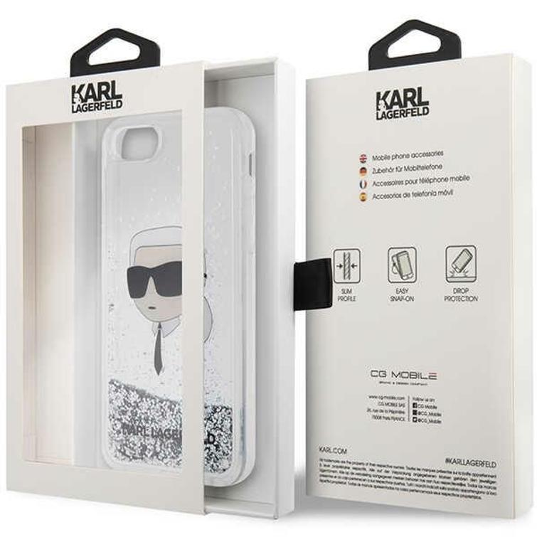 Karl Lagerfeld -suojakuori iPhone 7 / 8 / SE:lle KLHCI8LNKHCH hopeinen HC Liquid Glitter NFT Karl's Head