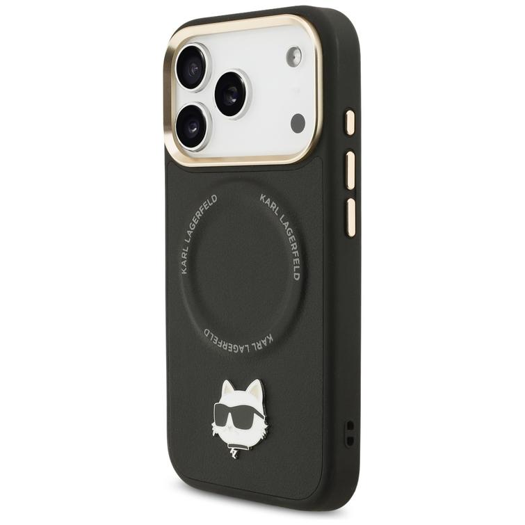 Karl Lagerfeld Big Strap Choupette Metal Logo MagSafe -kotelo iPhone 17 Pro Maxille, musta