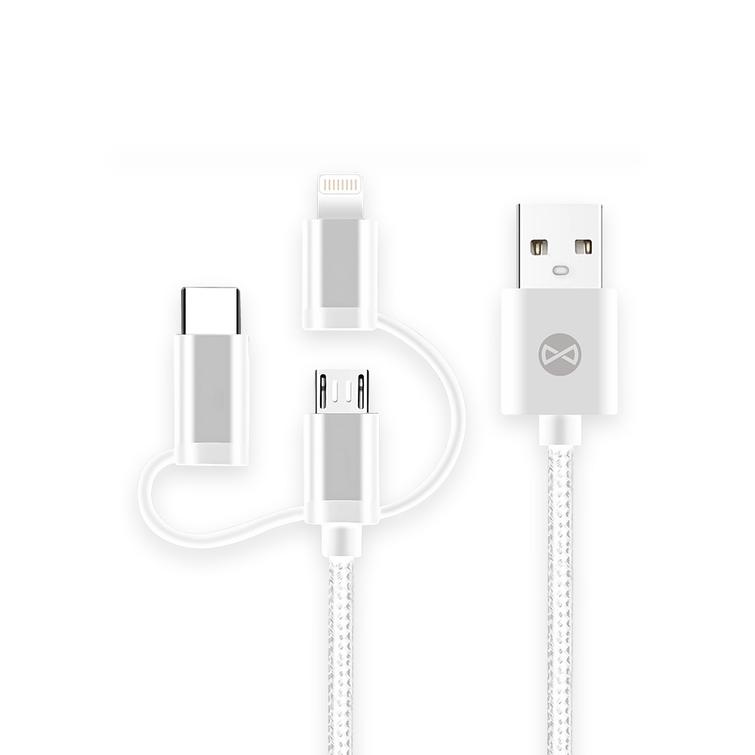 Forever 3in1 -kaapeli USB - Lightning + USB-C + microUSB 1,0 m 1,5A valkoinen
