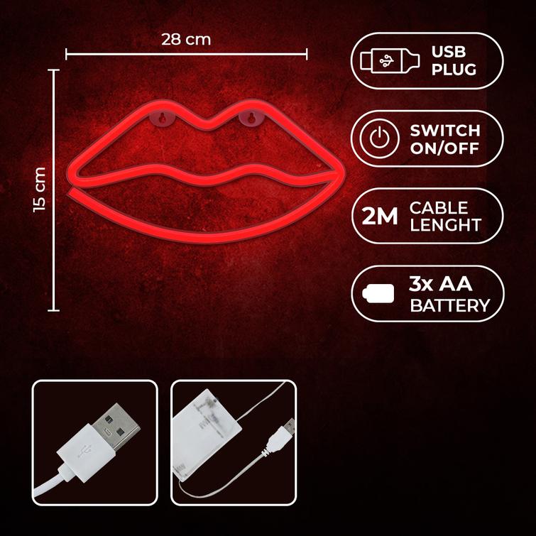 Neon LED-valo LIPS punainen Lepakko + USB FLNE08 Forever Light