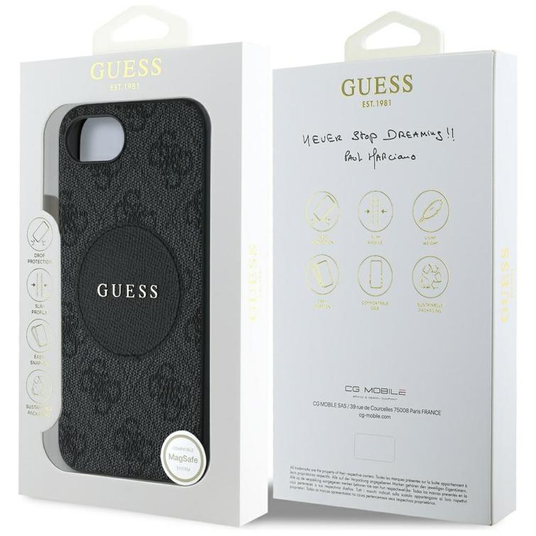 Guess HC MagSafe PU 4G Circle -suojakuori klassisella logolla iPhone 16e:lle, musta