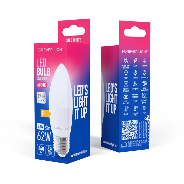 Forever Light LED-lamppu E27 C37 7.2W 840lm 6000K luokka E