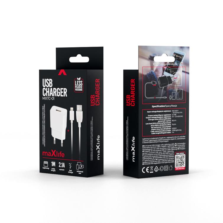Maxlife MXTC-01 laturi 1x USB 2.1A valkoinen + Lightning-kaapeli