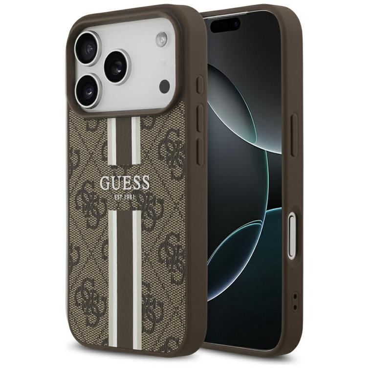 Guess 4G Printed Stripes MagSafe -kotelo iPhone 17 Prolle, ruskea