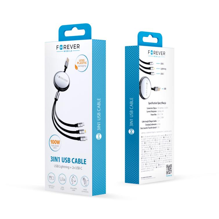Forever 3in1 -kaapeli USB - Lightning + 2x USB-C 1,2 m 100W musta