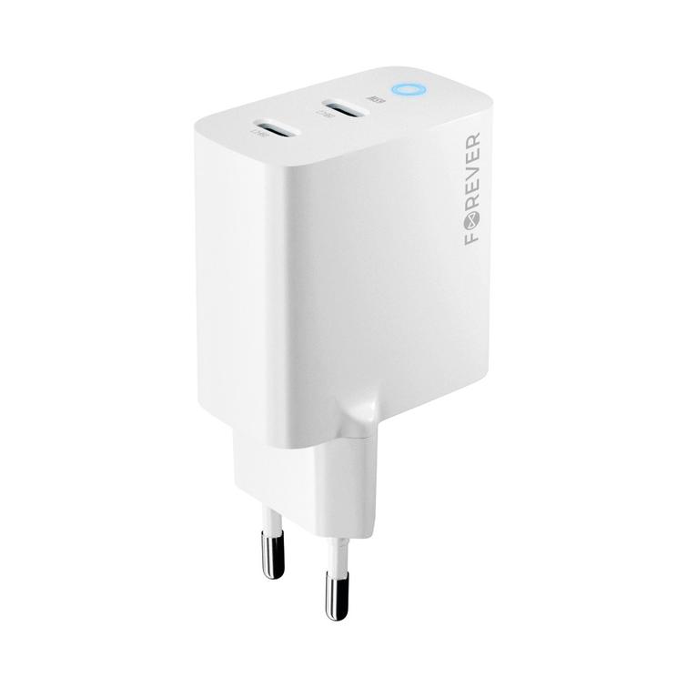 Forever TC-06-65CC GaN PD QC laturi 2x USB-C 65W valkoinen