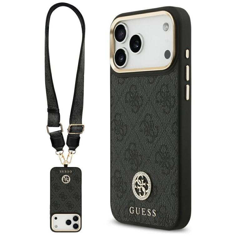 Guess 4G Srtass -logolla ja isolla hihnalla, metallinapeilla varustettu MagSafe-suojakuori iPhone 17 Pro Maxille, musta