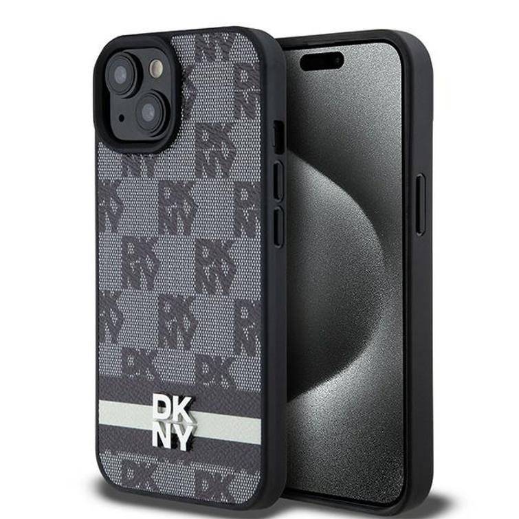 DKNY iPhone 15 Plus 6,7" -puhelimen suojakuori DKHCP15MPCPTSSK, musta, HC PU -ruutukuvio ja painetut raidat.