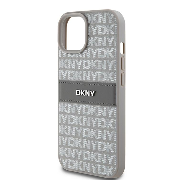 DKNY iPhone 15 Plus 6,7" -puhelimen kuori DKHCP15MPRTHSLE, beige HC PU -kuvioitu toistuva kuvio ja s&auml;vyinen raita.