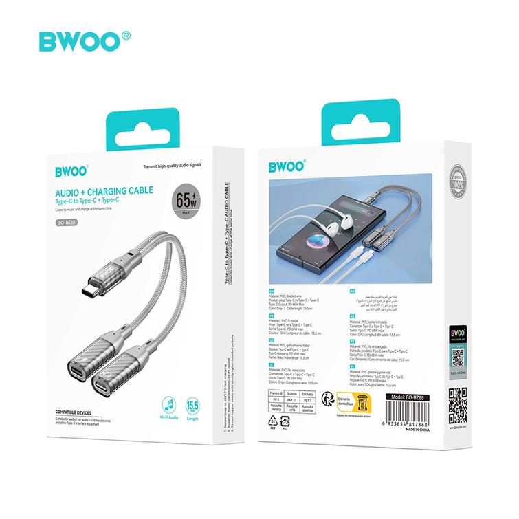 BWOO 2-in-1-sovitin 2 tyypin C porttia 3,5 mm:n liitäntään BZ68