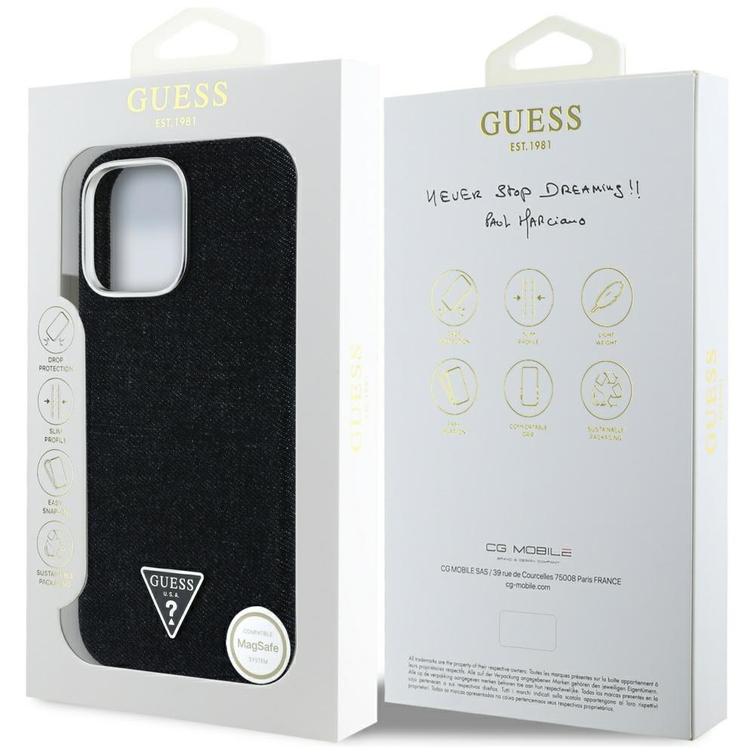 Guess HC MagSafe FW Denim -kolmiologollinen suojakuori iPhone 16 Pro Maxille, musta