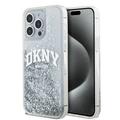 DKNY-suojakuori iPhone 15 Pro Max 6,7":lle DKHCP15XLBNAET, valkoiset HC-nestekimalteet ja kaarilogo.