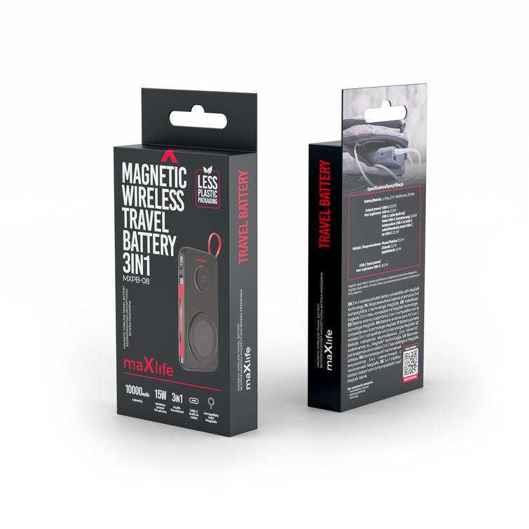 Maxlife langaton varavirtalähde MXPB-08 10000 mAh magneettinen 3in1 musta