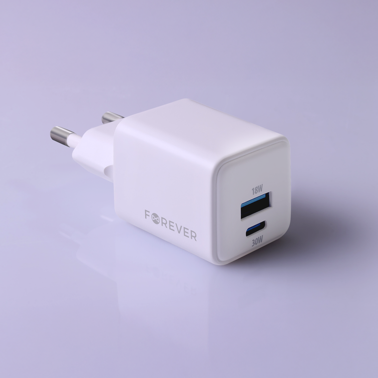 Forever TC-08-30AC GaN PD QC laturi 1x USB-C 1x USB 30W valkoinen
