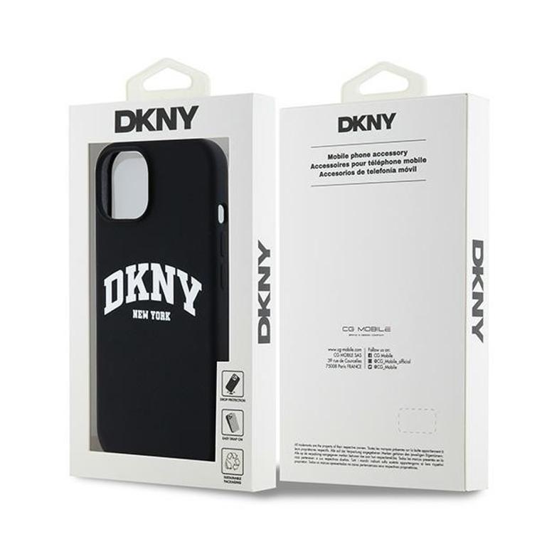 DKNY iPhone 15 Plus 6,7" -puhelimen suojakuori DKHMP15MSNYACH musta HC Magsafe -silikoni kaarilogolla.