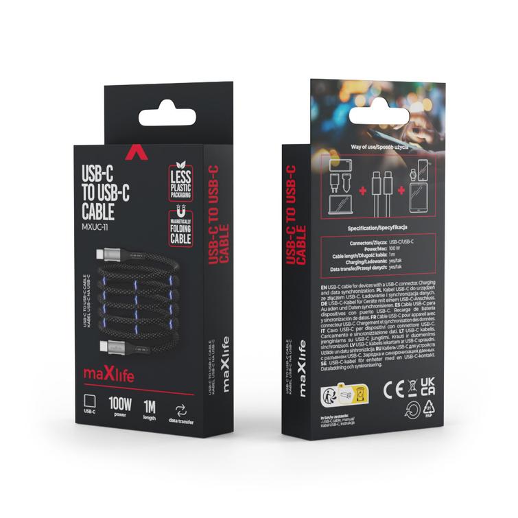 Maxlife MXUC-11 magneettikaapeli USB-C - USB-C 1,0 m 100W musta nailon