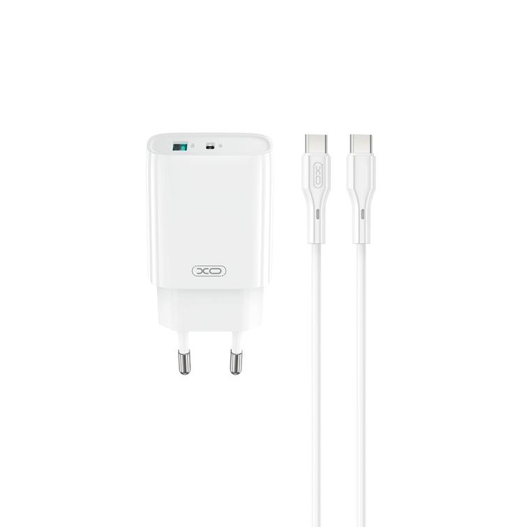 XO-seinälaturi CE30 PD 30W 1x USB-C 1x USB valkoinen + USB-C-kaapeli - USB-C