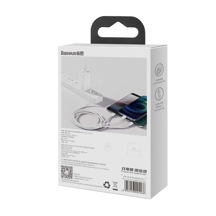 Baseus-kaapeli 3in1 Superior USB - Lightning + USB-C + microUSB 1,5 m 3,5A valkoinen