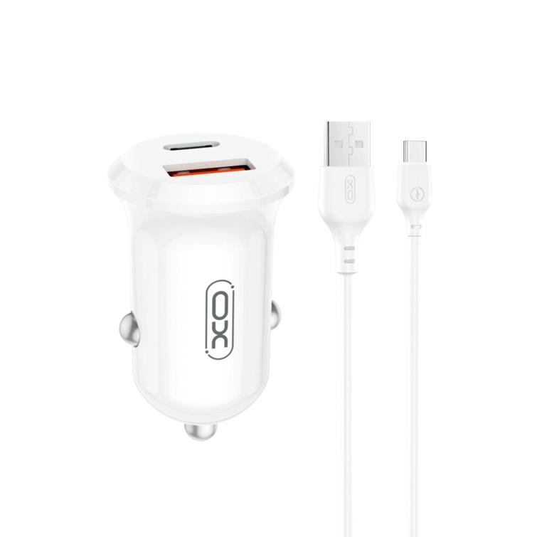 XO autolaturi CC69 PD 30W QC 1x USB 1x USB-C valkoinen + USB-C-kaapeli