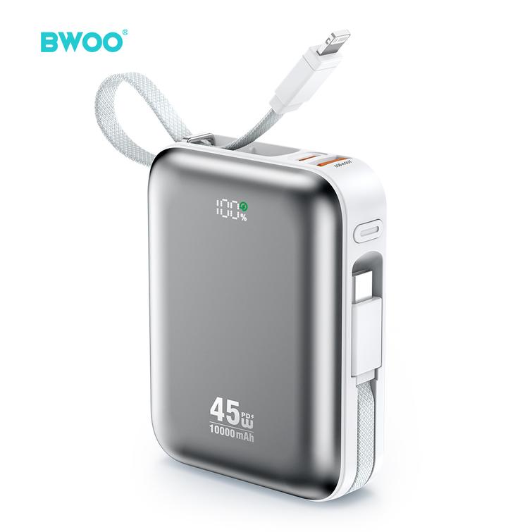 BWOO-varavirtalähde P77 45W, 10000 mAh USB-C- ja Lightning-kaapelilla, harmaa