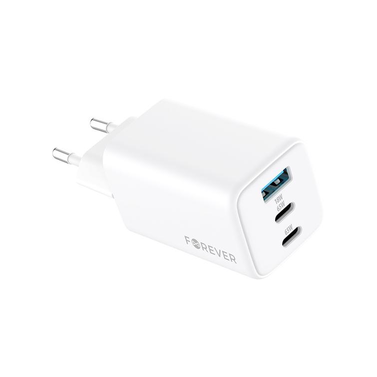 Forever TC-08-65ACC GaN PD QC laturi 2x USB-C 1x USB 65W valkoinen