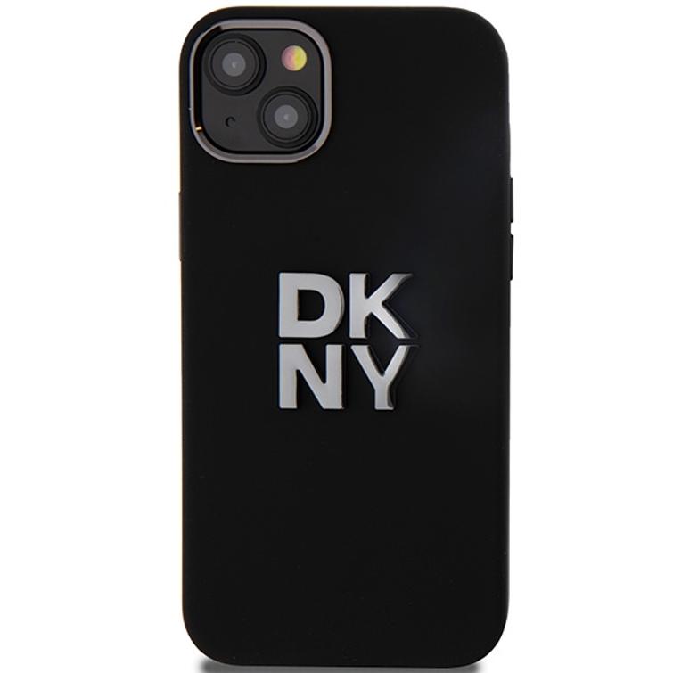 DKNY iPhone 15 Plus 6,7" -puhelimen suojakuori DKHCP15MSMCBSK, musta HC-silikoni ja pinomainen metallilogo.