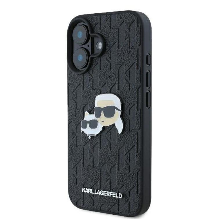 Karl Lagerfeld iPhone 16 6,1" -puhelimen kuoret, KLHCP16SPGKLKCPK, musta, kova monogrammikuvioinen Karl&Choupette-neula.