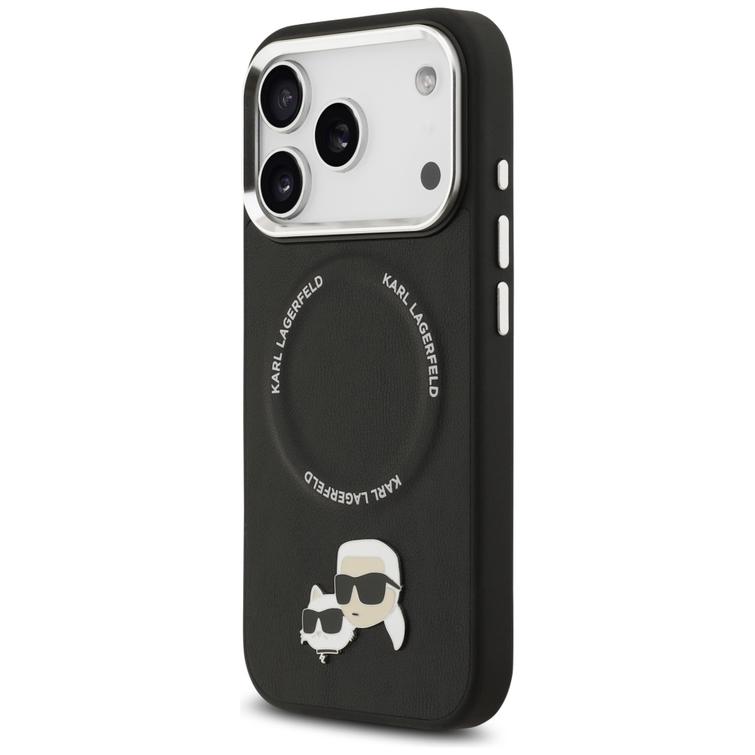 Karl Lagerfeld -kotelo, Magsafe PU -kotelo, jossa Karl&Choupette-p&auml;&auml;t, nastat, logo ja metalliset kamerapainikkeet iPhone 17 Prolle, musta
