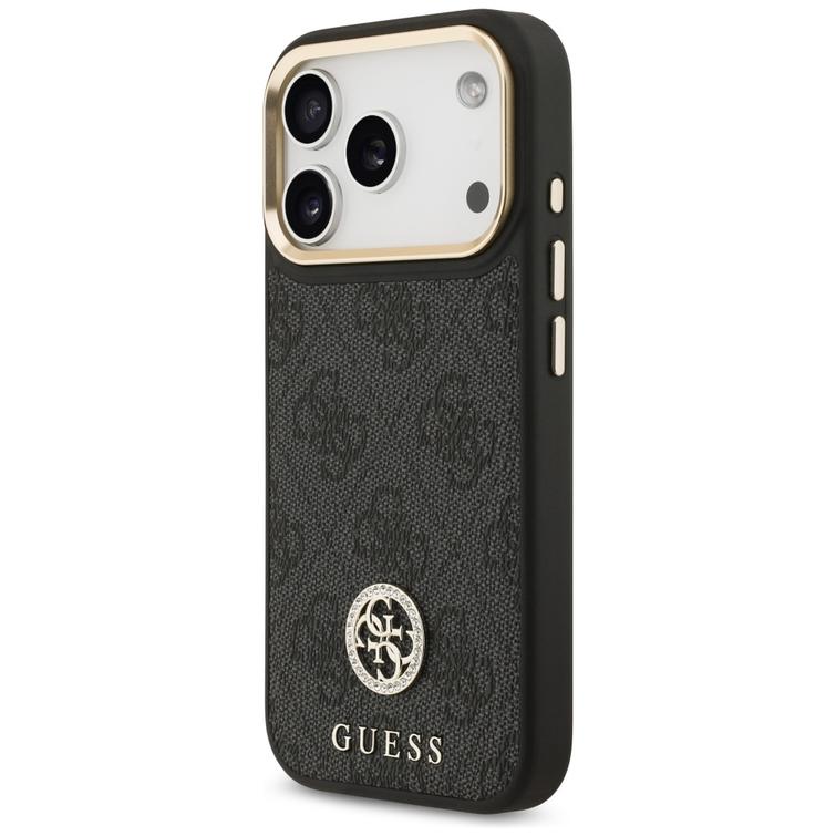 Guess 4G Strass Logo & Big Strap Metal Buttons MagSafe -kotelo iPhone 17 Prolle, musta