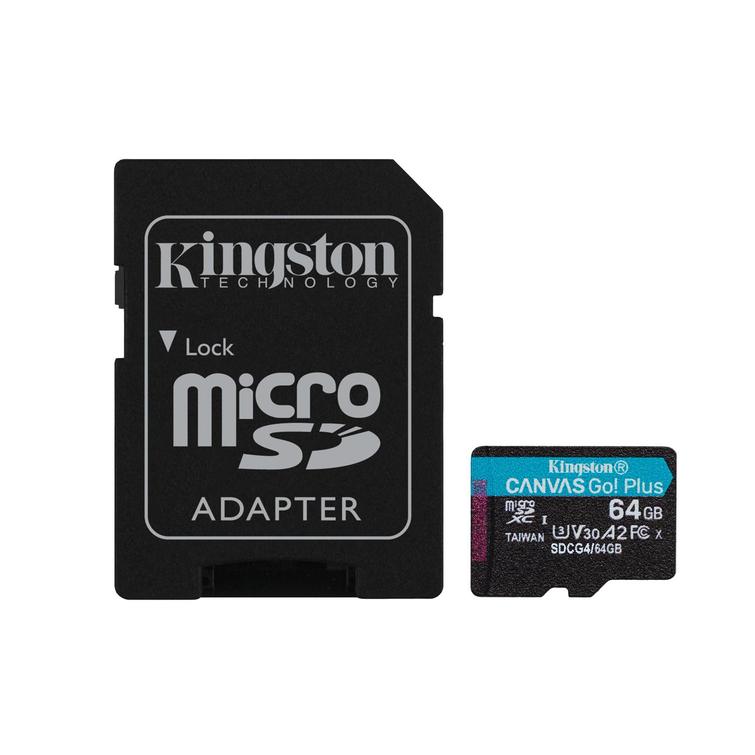 Kingston muistikortti 64GB microSDXC Canvas Go Plus Gen4 200MB/s A2 U3 V30 + adapteri