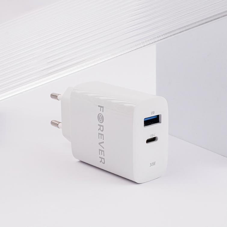 Forever TC-07-30AC PD QC laturi 1x USB-C 1x USB 30W valkoinen