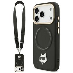 Karl Lagerfeld Big Strap Choupette Metal Logo MagSafe -kotelo iPhone 17 Pro Maxille, musta