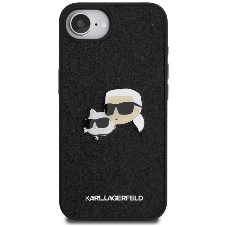 Karl Lagerfeld HC Fixed Glitter K&C Heads Logo Metal Pin -suojakuori iPhone 16e:lle, musta
