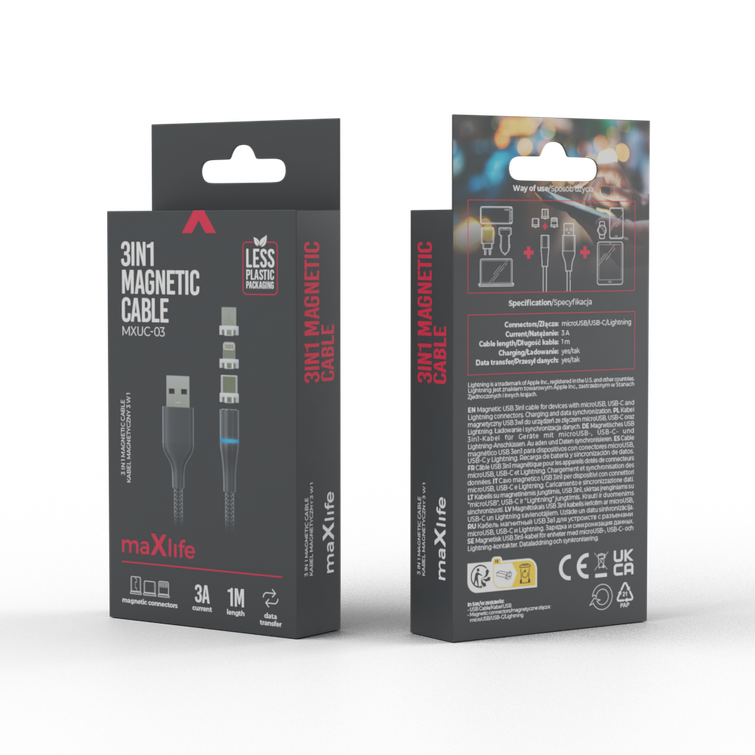 Maxlife MXUC-03 magneettikaapeli USB - Lightning + USB-C + microUSB 1,0 m 3A musta nailon