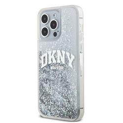 DKNY-suojakuori iPhone 15 Pro Max 6,7":lle DKHCP15XLBNAET, valkoiset HC-nestekimalteet ja kaarilogo.