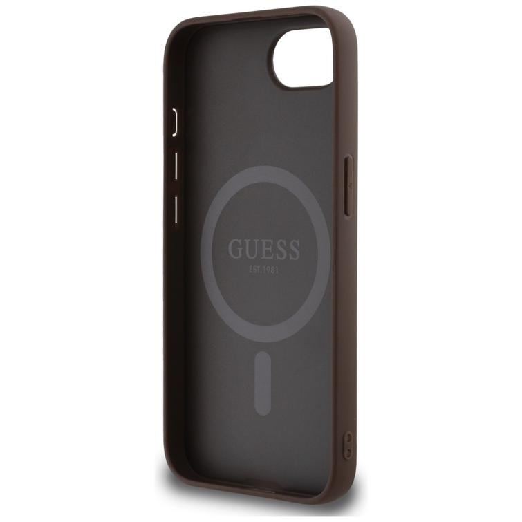 Guess HC MagSafe PU 4G Ring Triangle Logo -suojakuori iPhone 16e:lle, ruskea